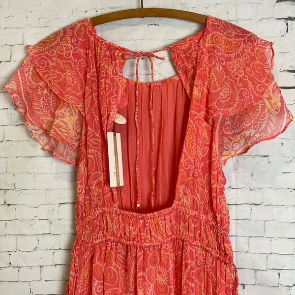 Cleobella Hannah Cutout Tiered Ruffle Maxi Dress in Coral Blossom Medium NWT