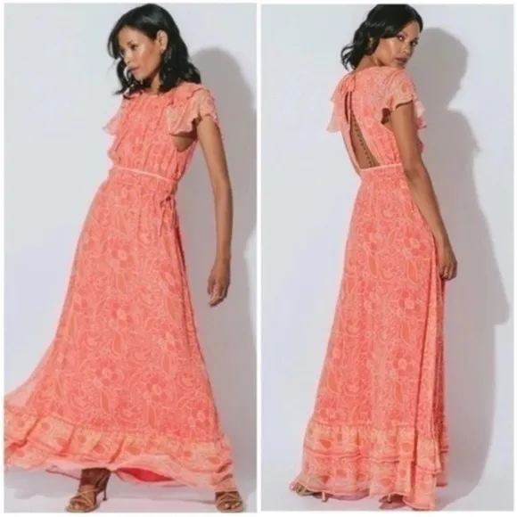 Cleobella Hannah Cutout Tiered Ruffle Maxi Dress in Coral Blossom Medium NWT