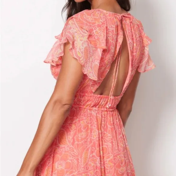 Cleobella Hannah Cutout Tiered Ruffle Maxi Dress in Coral Blossom Medium NWT