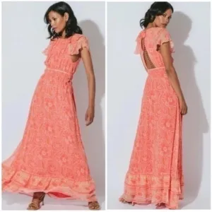 Cleobella Hannah Cutout Tiered Ruffle Maxi Dress in Coral Blossom Medium NWT
