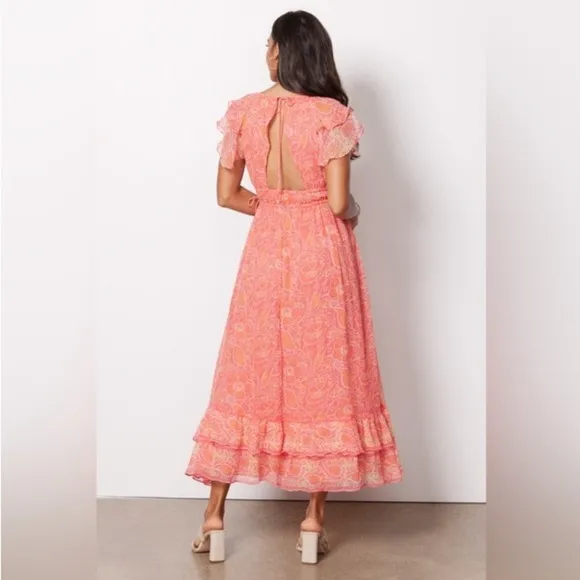 Cleobella Hannah Cutout Tiered Ruffle Maxi Dress in Coral Blossom Medium NWT