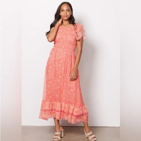 Cleobella Hannah Cutout Tiered Ruffle Maxi Dress in Coral Blossom Medium NWT