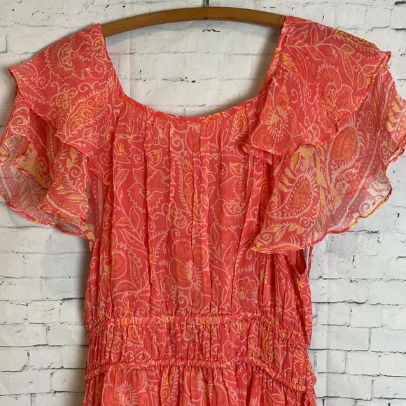 Cleobella Hannah Cutout Tiered Ruffle Maxi Dress in Coral Blossom Medium NWT