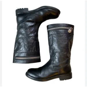 Coach Women's Leather Boots Signature C Zipper Accent Pull On Black Boots Sz 6