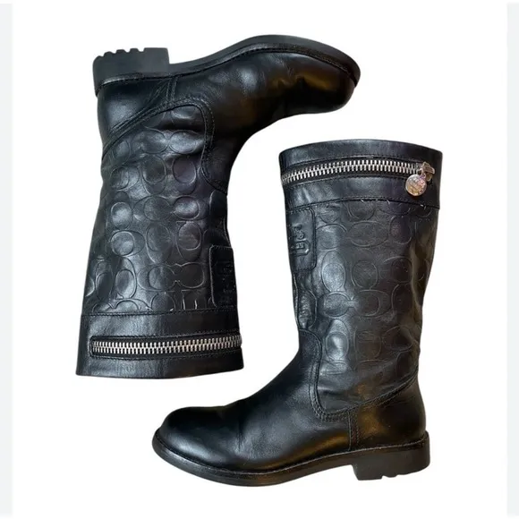 Coach Women's Leather Boots Signature C Zipper Accent Pull On Black Boots Sz 6