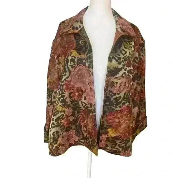 Coldwater Creek Animal Rose Shimmer Floral Print Reversible Jacket Size L Boho
