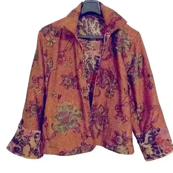 Coldwater Creek Animal Rose Shimmer Floral Print Reversible Jacket Size L Boho