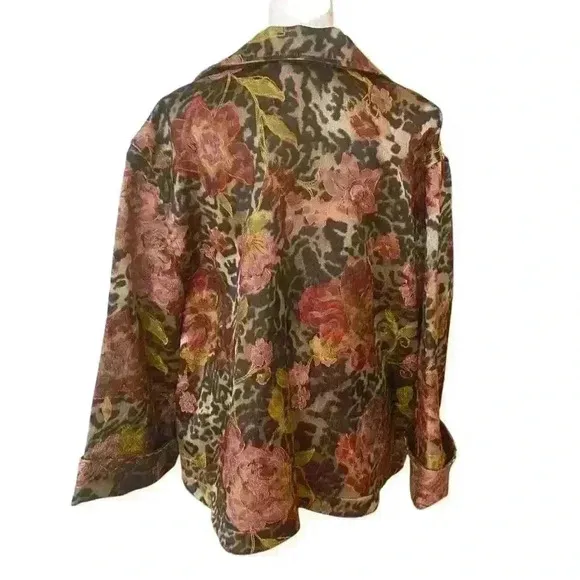 Coldwater Creek Animal Rose Shimmer Floral Print Reversible Jacket Size L Boho