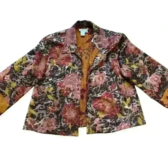 Coldwater Creek Animal Rose Shimmer Floral Print Reversible Jacket Size L Boho