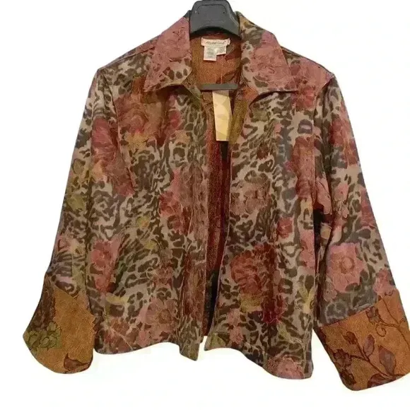 Coldwater Creek Animal Rose Shimmer Floral Print Reversible Jacket Size L Boho
