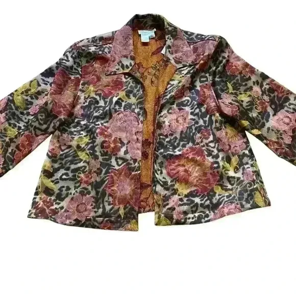 Coldwater Creek Animal Rose Shimmer Floral Print Reversible Jacket Size L Boho