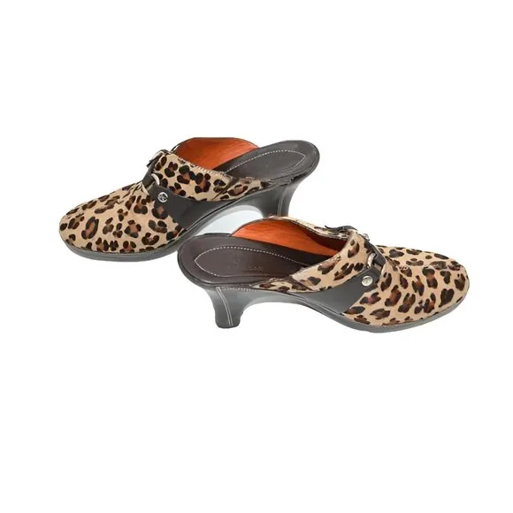 Cole Haan Brown Leather Cheetah Leopard Fur Furry Buckle Mules Slides Heels 7