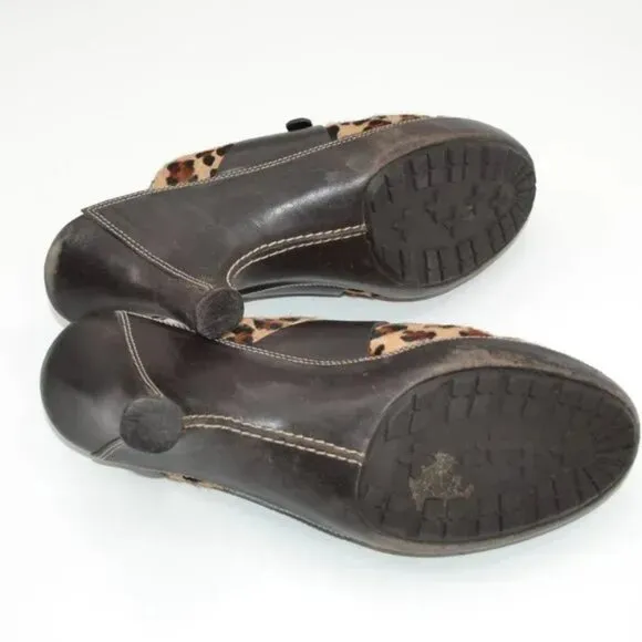 Cole Haan Brown Leather Cheetah Leopard Fur Furry Buckle Mules Slides Heels 7