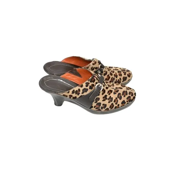 Cole Haan Brown Leather Cheetah Leopard Fur Furry Buckle Mules Slides Heels 7