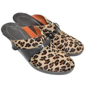 Cole Haan Brown Leather Cheetah Leopard Fur Furry Buckle Mules Slides Heels 7