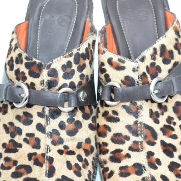 Cole Haan Brown Leather Cheetah Leopard Fur Furry Buckle Mules Slides Heels 7