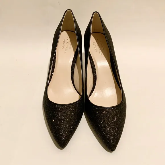 Cole Haan Juliana Pump 75 Black Glitter Leather Evening Dress Shoes Heels 7 B