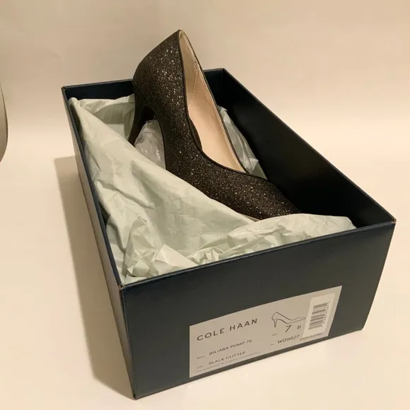 Cole Haan Juliana Pump 75 Black Glitter Leather Evening Dress Shoes Heels 7 B