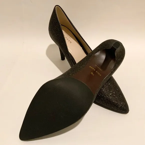 Cole Haan Juliana Pump 75 Black Glitter Leather Evening Dress Shoes Heels 7 B