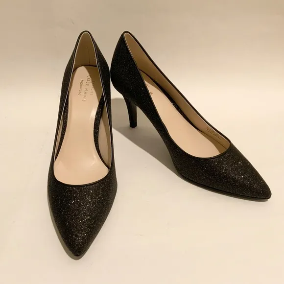 Cole Haan Juliana Pump 75 Black Glitter Leather Evening Dress Shoes Heels 7 B