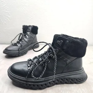 Cole Haan Waterproof Hiking Combat Boot Sz 9 Black Fur Lined Outdoor Hiker Shoes