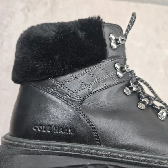 Cole Haan Waterproof Hiking Combat Boot Sz 9 Black Fur Lined Outdoor Hiker Shoes