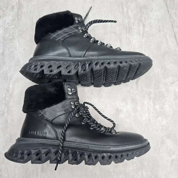 Cole Haan Waterproof Hiking Combat Boot Sz 9 Black Fur Lined Outdoor Hiker Shoes