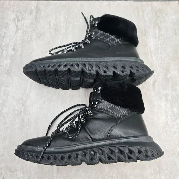 Cole Haan Waterproof Hiking Combat Boot Sz 9 Black Fur Lined Outdoor Hiker Shoes