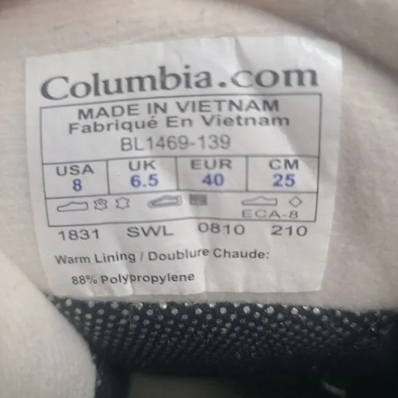 Columbia Women’s 200 Grams Waterproof Winter Boots US Size 8 Gray Techlite