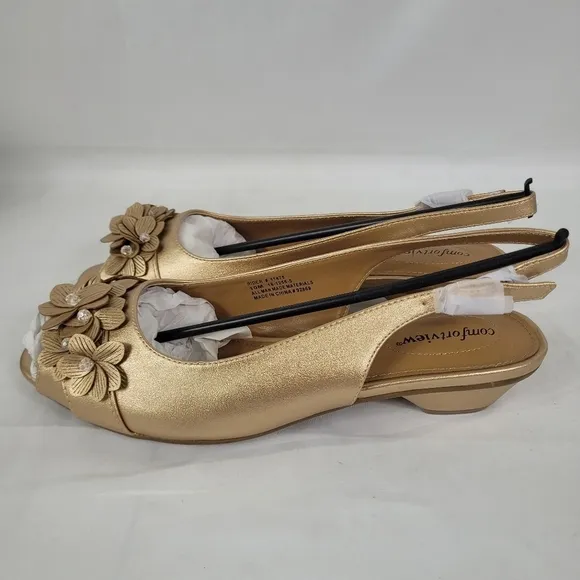 COMFORTVIEW Women's Dressy Gold Floral Slingback Comfort Pumps Shoes NIB Sz 10M