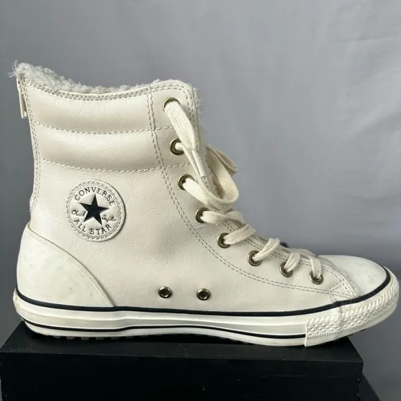Converse Chuck Taylor All-Star HI Rise Boot Leather Fur Parchment Sneaker 6 Y