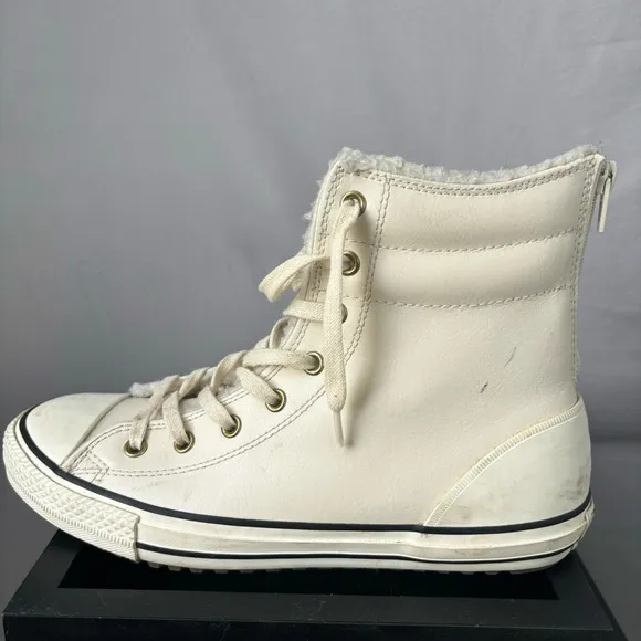 Converse Chuck Taylor All-Star HI Rise Boot Leather Fur Parchment Sneaker 6 Y