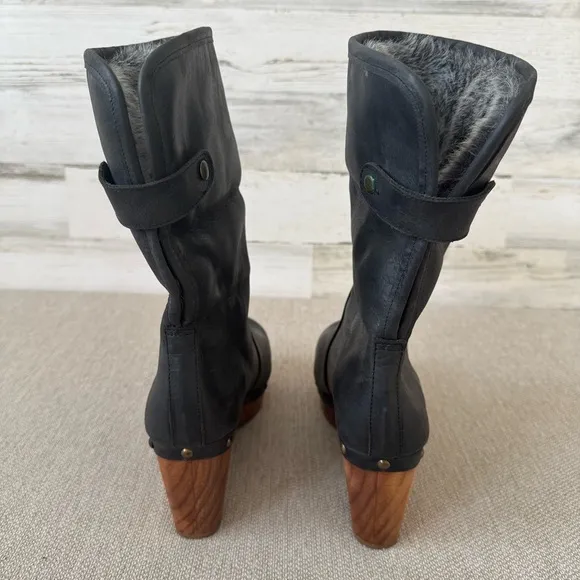 Cordani Zahn Brown Clog Leather Studded Boots Size 9 Faux Fur Wood Heel