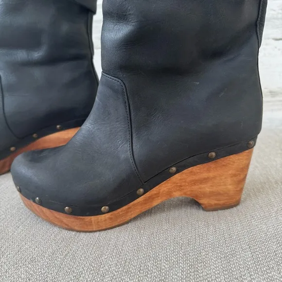 Cordani Zahn Brown Clog Leather Studded Boots Size 9 Faux Fur Wood Heel