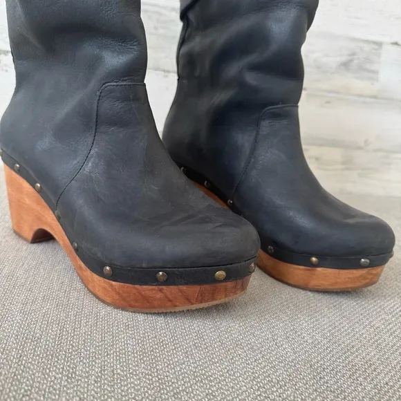 Cordani Zahn Brown Clog Leather Studded Boots Size 9 Faux Fur Wood Heel