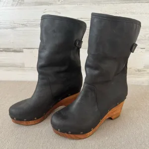 Cordani Zahn Brown Clog Leather Studded Boots Size 9 Faux Fur Wood Heel