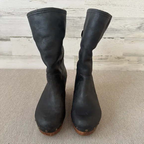 Cordani Zahn Brown Clog Leather Studded Boots Size 9 Faux Fur Wood Heel