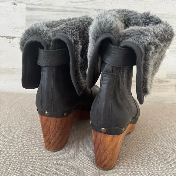 Cordani Zahn Brown Clog Leather Studded Boots Size 9 Faux Fur Wood Heel