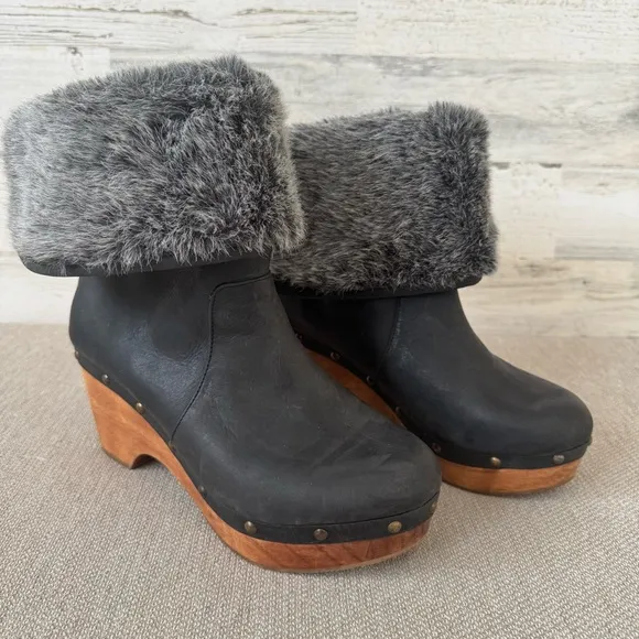 Cordani Zahn Brown Clog Leather Studded Boots Size 9 Faux Fur Wood Heel