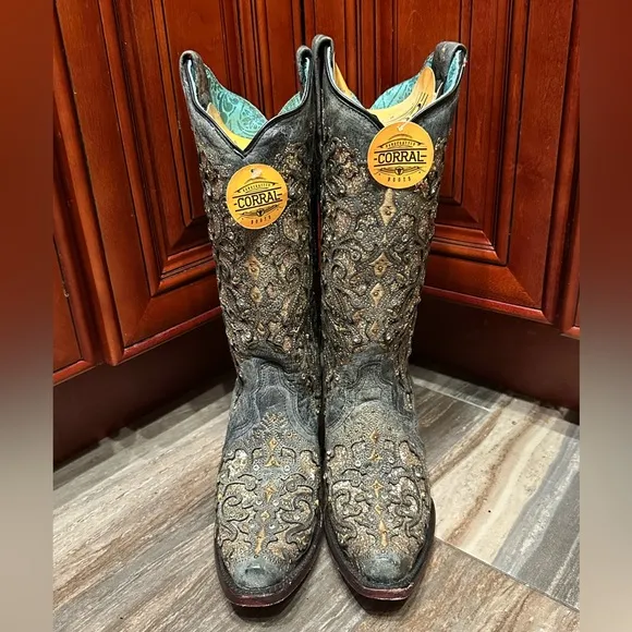 Corral A4231 Gray Gold Glitter Crystal Rhinestone Cowboy Boots Cowgirl Rodeo