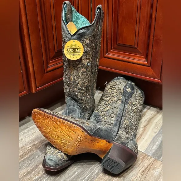 Corral A4231 Gray Gold Glitter Crystal Rhinestone Cowboy Boots Cowgirl Rodeo