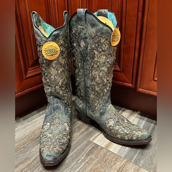 Corral A4231 Gray Gold Glitter Crystal Rhinestone Cowboy Boots Cowgirl Rodeo