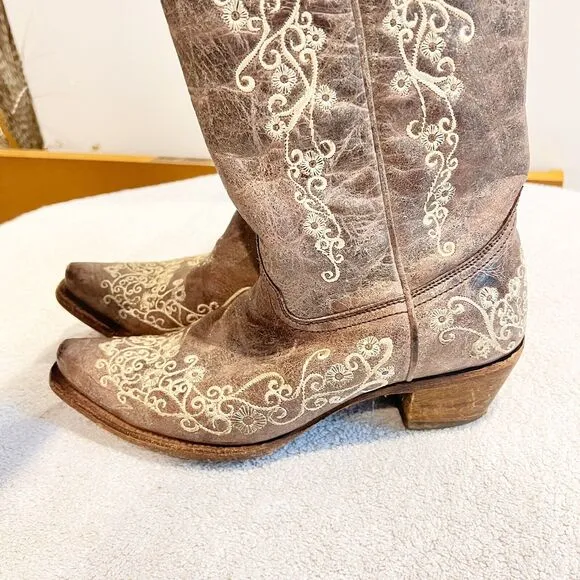 Corral Distressed Brown Cowgirl Boots Bone Embroidery 7.5 Western Cowboy Boho