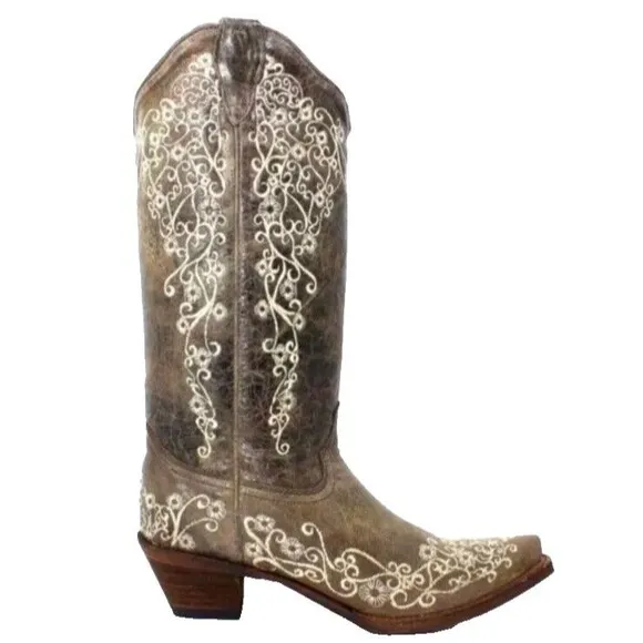 Corral Distressed Brown Cowgirl Boots Bone Embroidery 7.5 Western Cowboy Boho
