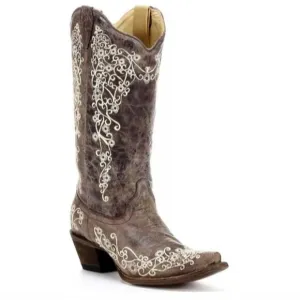 Corral Distressed Brown Cowgirl Boots Bone Embroidery 7.5 Western Cowboy Boho