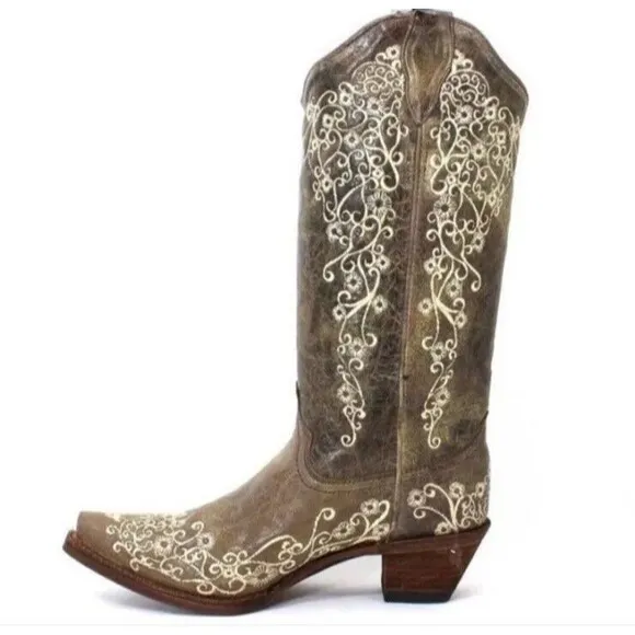 Corral Distressed Brown Cowgirl Boots Bone Embroidery 7.5 Western Cowboy Boho