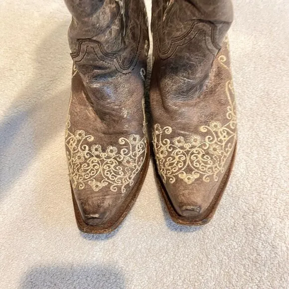 Corral Distressed Brown Cowgirl Boots Bone Embroidery 7.5 Western Cowboy Boho