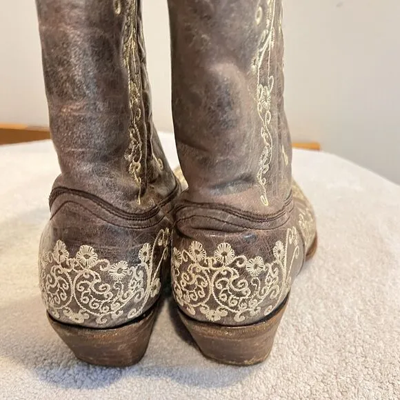 Corral Distressed Brown Cowgirl Boots Bone Embroidery 7.5 Western Cowboy Boho