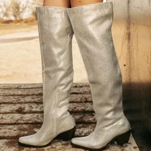 Cowgirl Boots Western Ranch Rodeo 2” Heel Over The Knee Rhinestone New
