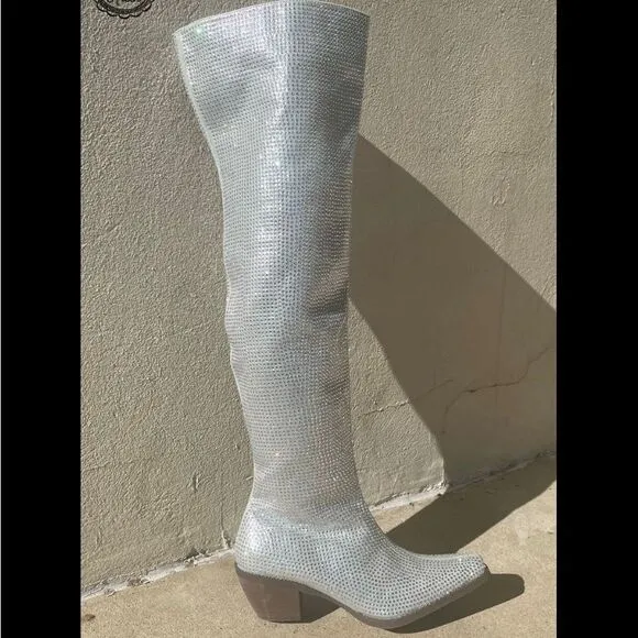Cowgirl Boots Western Ranch Rodeo 2” Heel Over The Knee Rhinestone New